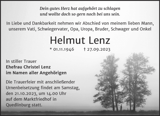 Traueranzeige von Helmut Lenz von Trauerkombi Quedlinburg