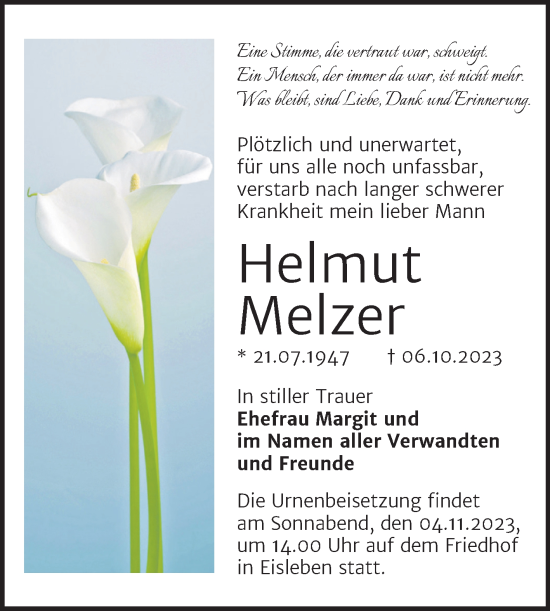 Traueranzeige von Helmut Melzer von Trauerkombi Mansfelder Land