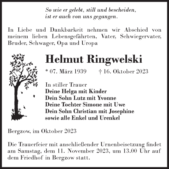 Traueranzeige von Helmut Ringwelski von Volksstimme Burg/Genthin