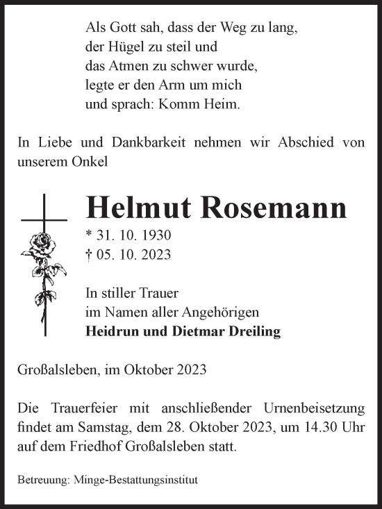 Traueranzeige von Helmut Rosemann von Volksstimme Oschersleben/Wanzleben
