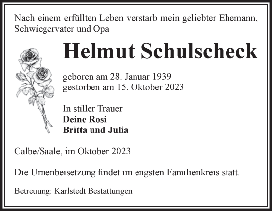 Traueranzeige von Helmut Schulscheck von Volksstimme Schönebeck