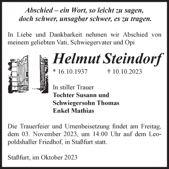 Traueranzeige von Helmut Steindorf von Volksstimme Staßfurt
