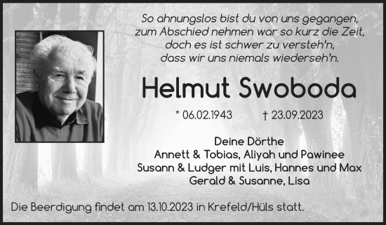 Traueranzeige von Helmut Swoboda von Volksstimme Burg/Genthin