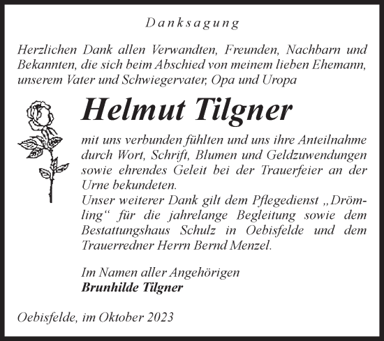 Traueranzeige von Helmut Tilgner von Volksstimme Altmark West