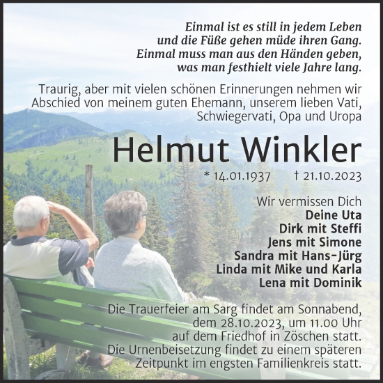 Traueranzeige von Helmut Winkler von Trauerkombi Merseburg