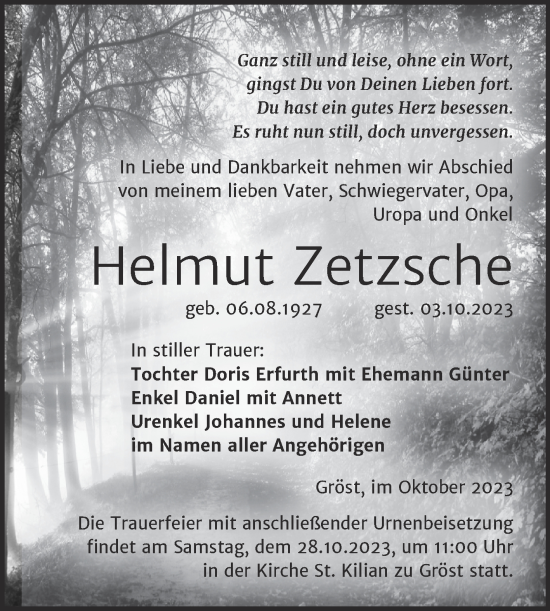 Traueranzeige von Helmut Zetzsche von Trauerkombi Merseburg