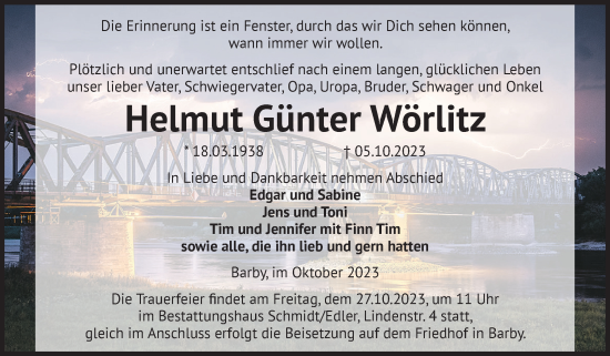Traueranzeige von Helmut Günter Wörlitz von Volksstimme Schönebeck