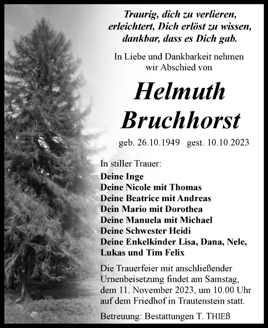 Traueranzeige von Helmuth Bruchhorst von Volksstimme Wernigerode