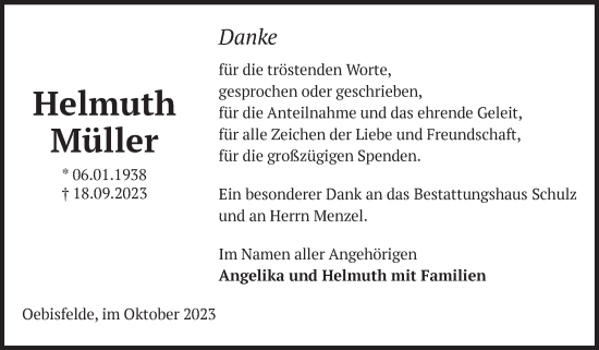 Traueranzeige von Helmuth Müller von Volksstimme Altmark West
