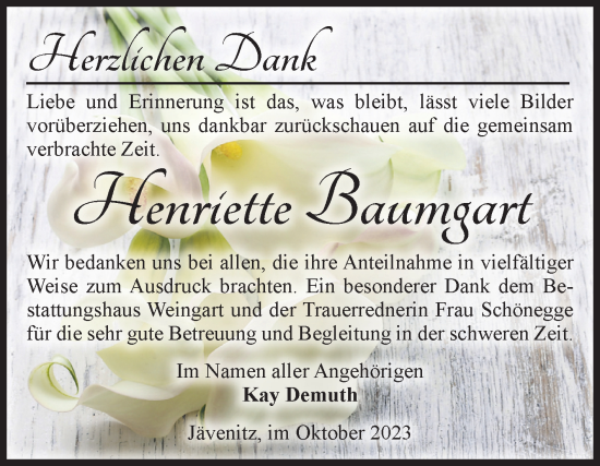 Traueranzeige von Henriette Baumgart von Volksstimme Altmark West