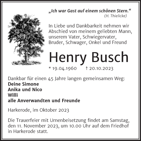 Traueranzeige von Henry Busch von Trauerkombi Mansfelder Land