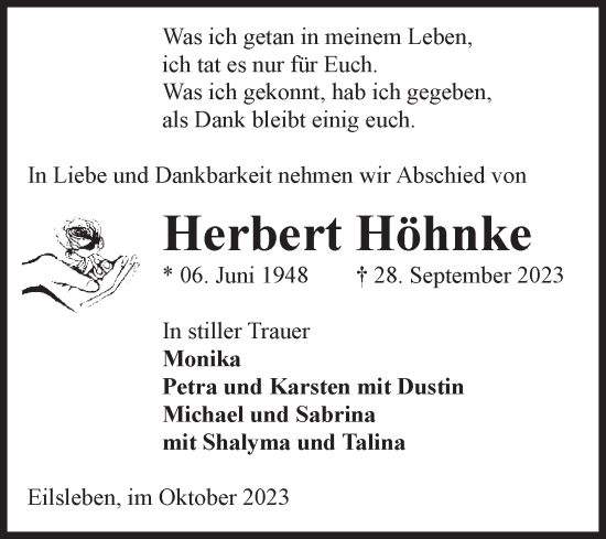 Traueranzeige von Herbert Höhnke von Volksstimme Oschersleben/Wanzleben
