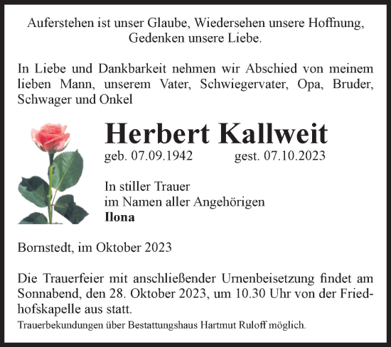 Traueranzeige von Herbert Kallweit von Volksstimme Magdeburg