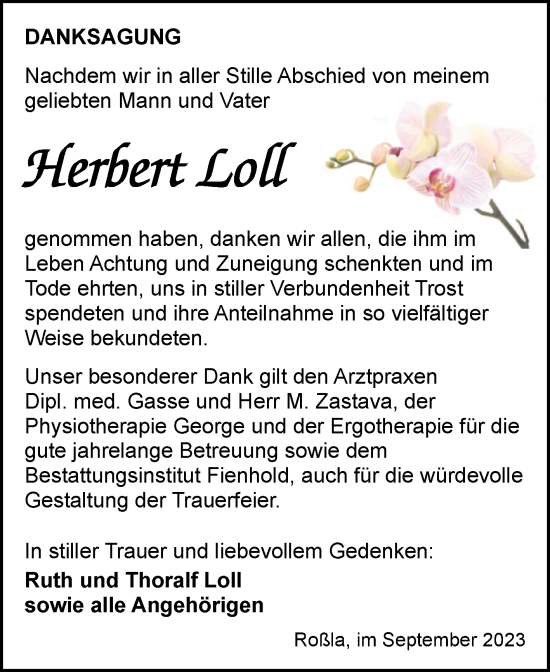 Traueranzeige von Herbert Loll von Trauerkombi Sangerhausen