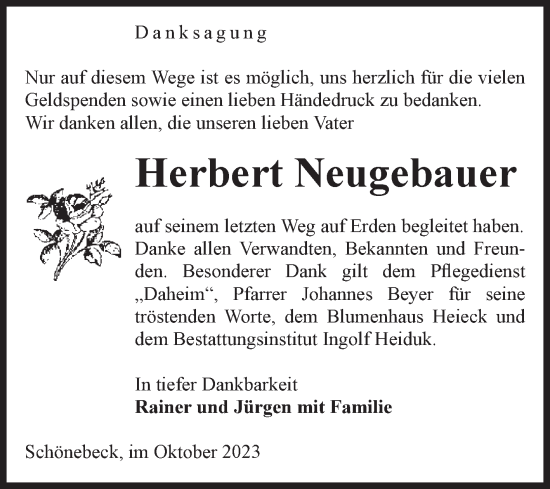 Traueranzeige von Herbert Neugebauer von Volksstimme Schönebeck