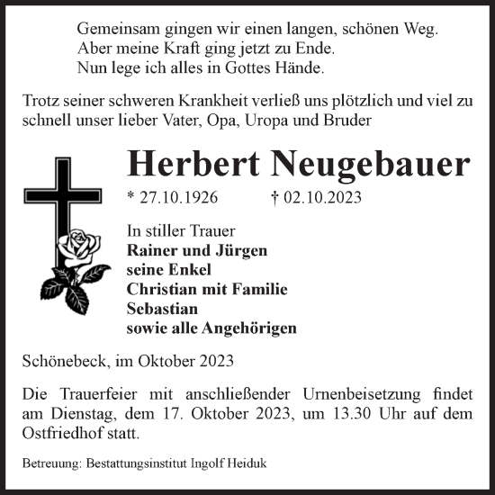 Traueranzeige von Herbert Neugebauer von Volksstimme Schönebeck