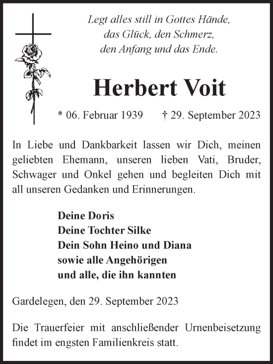 Traueranzeige von Herbert Voit von Volksstimme Altmark West