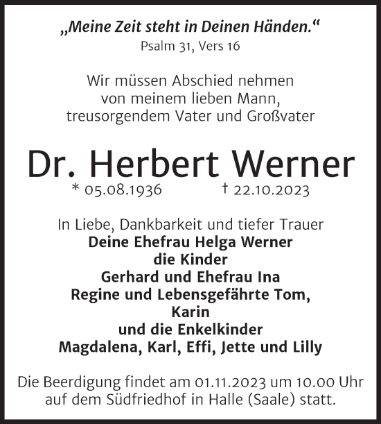 Traueranzeige von Herbert Werner von Volksstimme Staßfurt