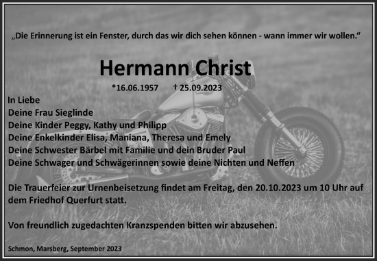 Traueranzeige von Hermann Christ von Trauerkombi Merseburg