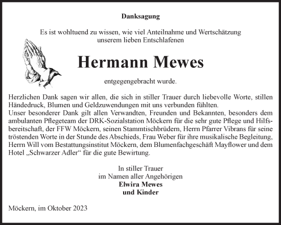 Traueranzeige von Hermann Mewes von Volksstimme Burg/Genthin
