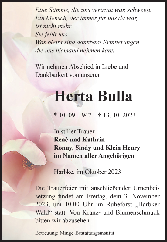 Traueranzeige von Herta Bulla von Volksstimme Oschersleben/Wanzleben