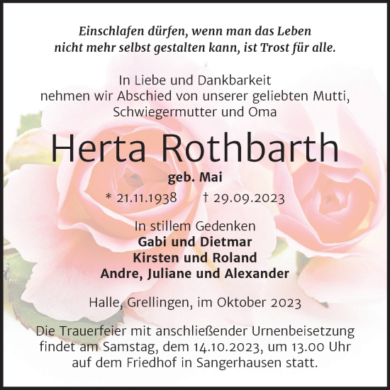 Traueranzeige von Herta Rothbarth von Trauerkombi Sangerhausen