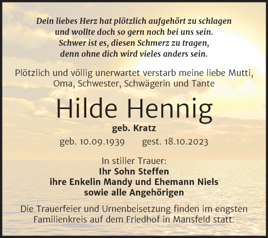 Traueranzeige von Hilde Hennig von Trauerkombi Mansfelder Land