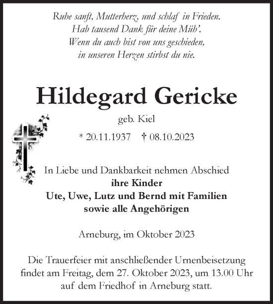 Traueranzeige von Hildegard Gericke von Volksstimme Altmark Ost