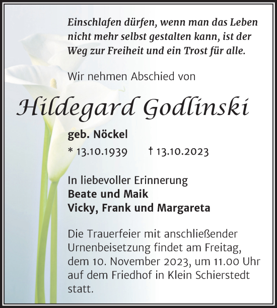 Traueranzeige von Hildegard Godlinski von Trauerkombi Aschersleben