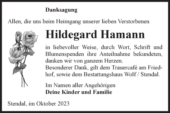 Traueranzeige von Hildegard Hamann von Volksstimme Altmark Ost