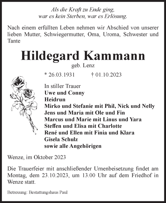 Traueranzeige von Hildegard Kammann von Volksstimme Altmark West