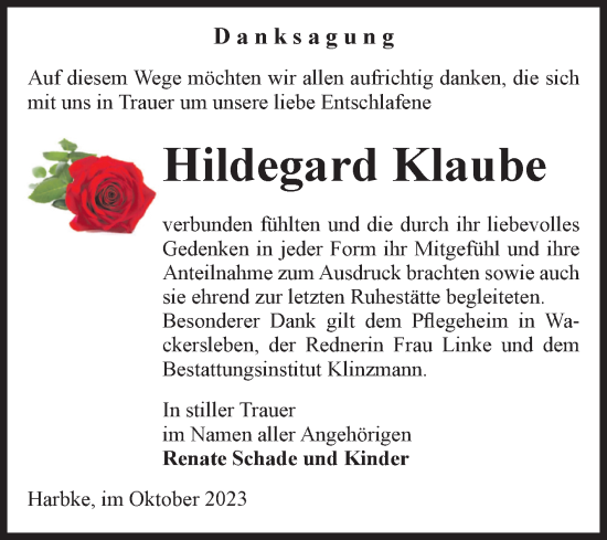 Traueranzeige von Hildegard Klaube von Volksstimme Oschersleben/Wanzleben