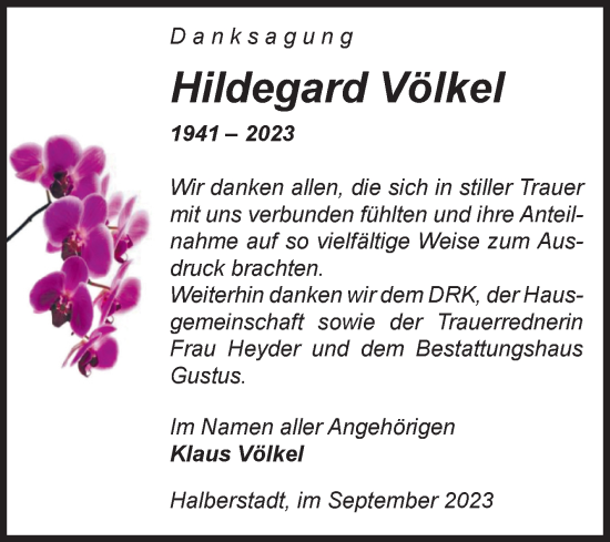 Traueranzeige von Hildegard Völkel von Volksstimme Halberstadt
