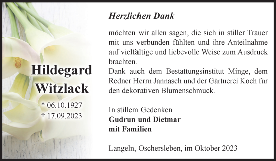 Traueranzeige von Hildegard Witzlack von Volksstimme Wernigerode