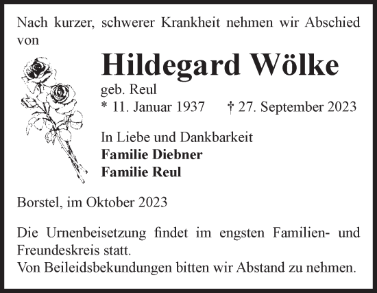 Traueranzeige von Hildegard Wölke von Volksstimme Altmark Ost