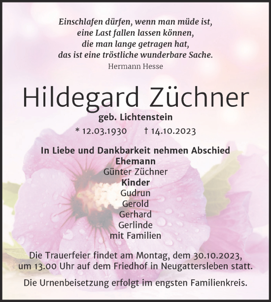 Traueranzeige von Hildegard Züchner von Trauerkombi Bernburg