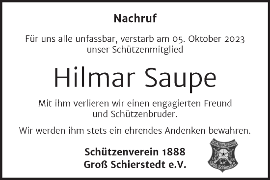 Traueranzeige von Hilmar Saupe von Trauerkombi Aschersleben