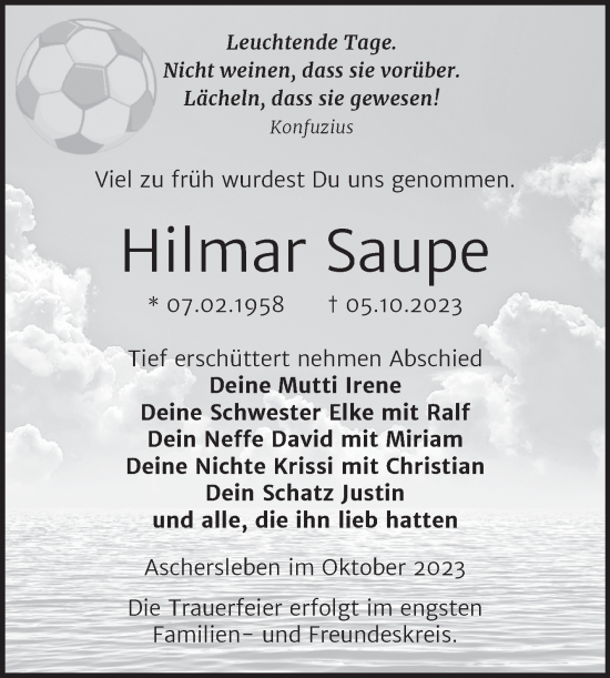 Traueranzeige von Hilmar Saupe von Trauerkombi Aschersleben
