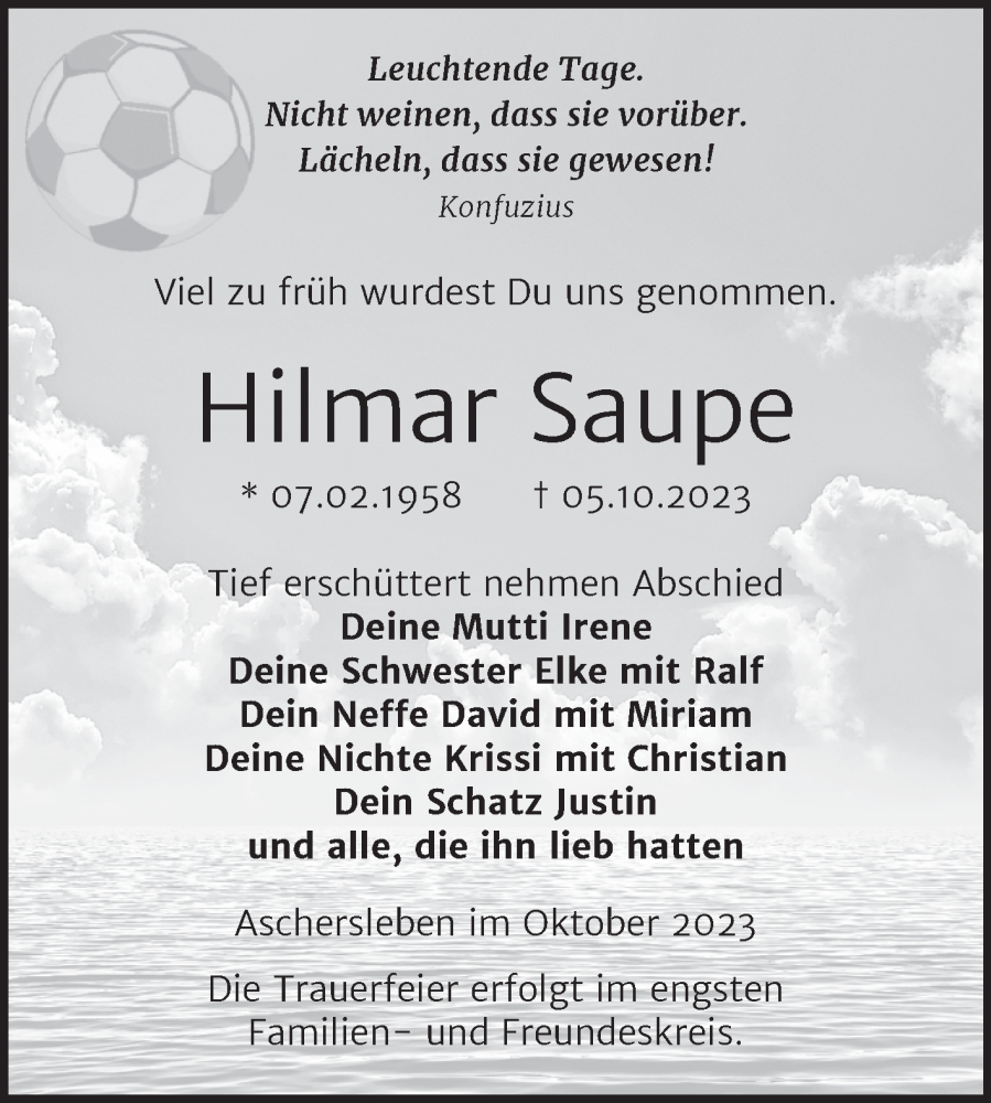  Traueranzeige für Hilmar Saupe vom 11.10.2023 aus Trauerkombi Aschersleben