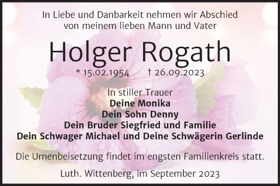 Traueranzeige von Holger Rogath von Trauerkombi Wittenberg