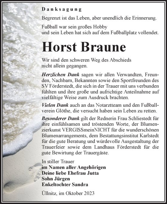 Traueranzeige von Horst Braune von Volksstimme Schönebeck