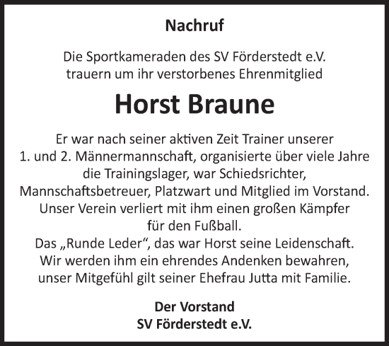 Traueranzeige von Horst Braune von Volksstimme Staßfurt