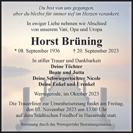 Traueranzeige von Horst Brüning von Volksstimme Wernigerode
