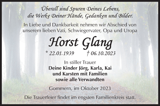 Traueranzeige von Horst Glang von Volksstimme Burg/Genthin