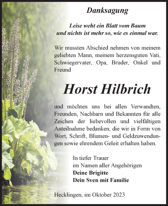 Traueranzeige von Horst Hilbrich von Volksstimme Staßfurt