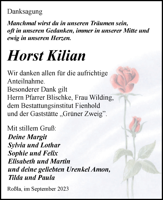 Traueranzeige von Horst Kilian von Trauerkombi Sangerhausen