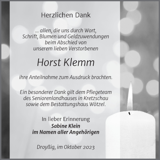 Traueranzeige von Horst Klemm von Trauerkombi Zeitz
