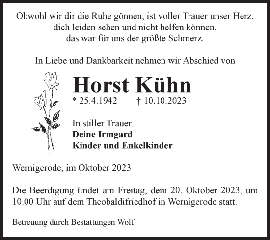Traueranzeige von Horst Kühn von Volksstimme Wernigerode