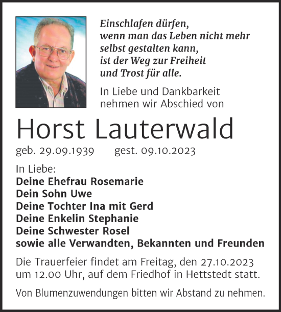 Traueranzeige von Horst Lauterwald von Trauerkombi Mansfelder Land