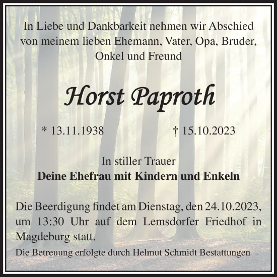 Traueranzeige von Horst Paproth von Volksstimme Magdeburg